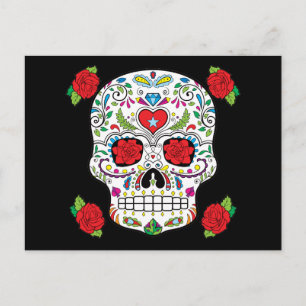 mexikanische Tattoo-Zuckerschädel und Rote Rosen Postkarte