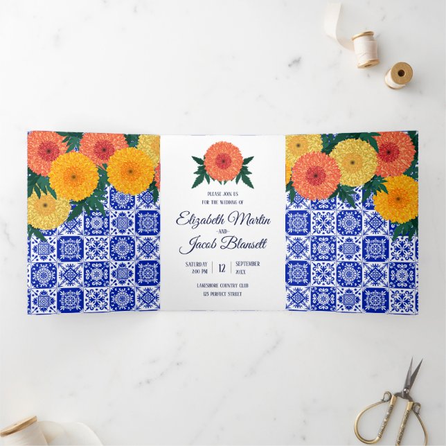 Mexikanische Tile Marigolds Wedding Dreiland Einla Dreifach Gefaltete Einladung (Innenseite)