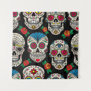Mexikanische Totenköpfe & Rosen: Vintage-Design Wandteppich