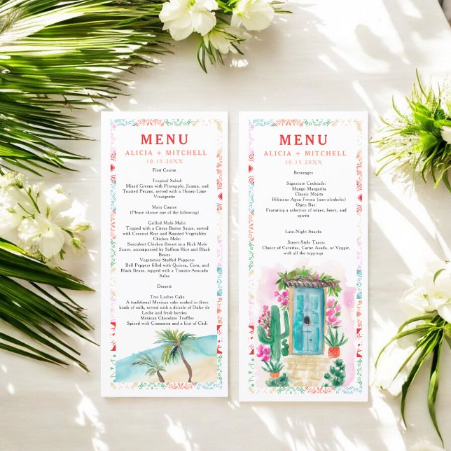 Mexikanische tropische Aquarell-Hochzeit in Urlaub Menükarte (Mexico tropical watercolor destination wedding menu)