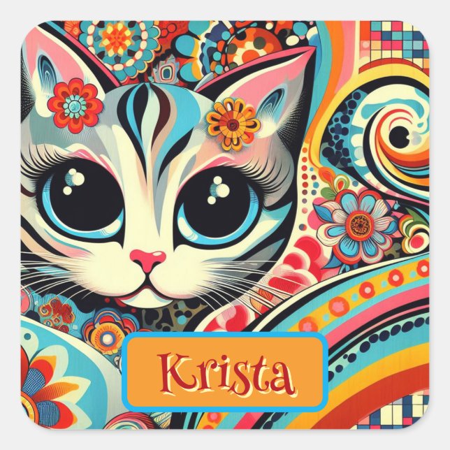 Mexikanische Volkskunst Abstrakt Kitty Cat Persona Quadratischer Aufkleber (Vorderseite)