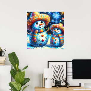 Mexikanische Volkskunst Snowmen Snowman Rücksendea Poster