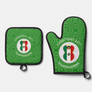 Mexikanische Weihnachtsflagge Engel Personalized  Ofenhandschuh & Topflappen-Set