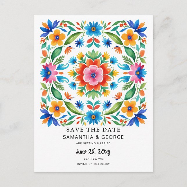 Mexikanischer Blumenfiesta Save the Date Ankündigungspostkarte (Vorderseite)