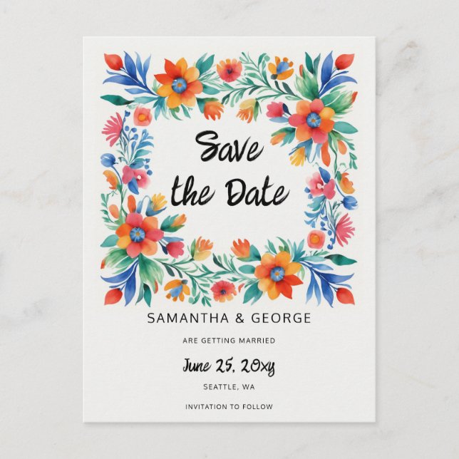 Mexikanischer Blumenfiesta Save the Date Ankündigungspostkarte (Vorderseite)