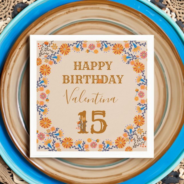 Mexikanischer Blumenkohl Western zum Geburtstag Serviette (Personalized Happy Birthday napkins with editable age from my mexical floral collection)