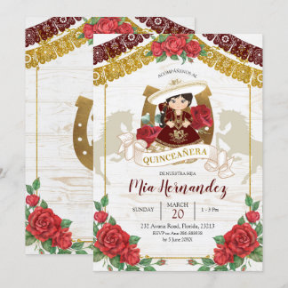 Mexikanischer Charra Burgundy Red Quinceanera West Einladung