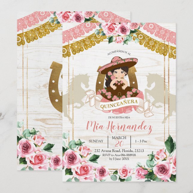 Mexikanischer Charra Pink Rose Quinceanera Western Einladung (Vorne/Hinten)