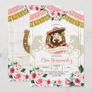 Mexikanischer Charra Pink Rose Quinceanera Western Einladung