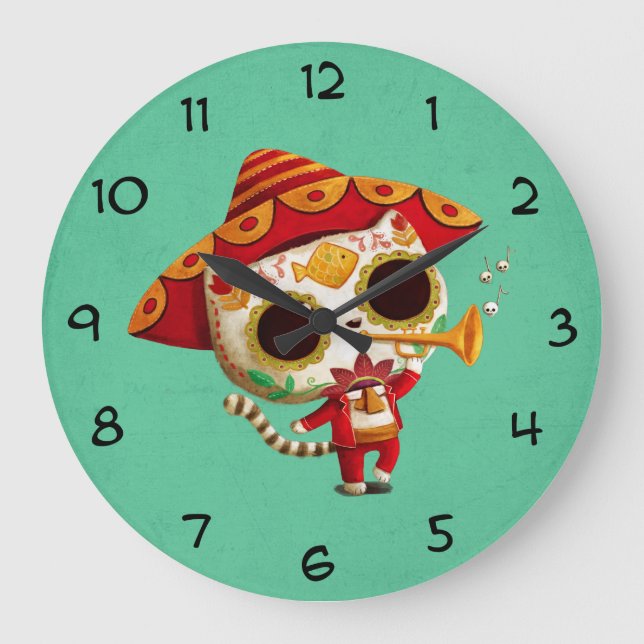 Mexikanischer El mariachi Niedlich Cat Große Wanduhr (Vorderseite)