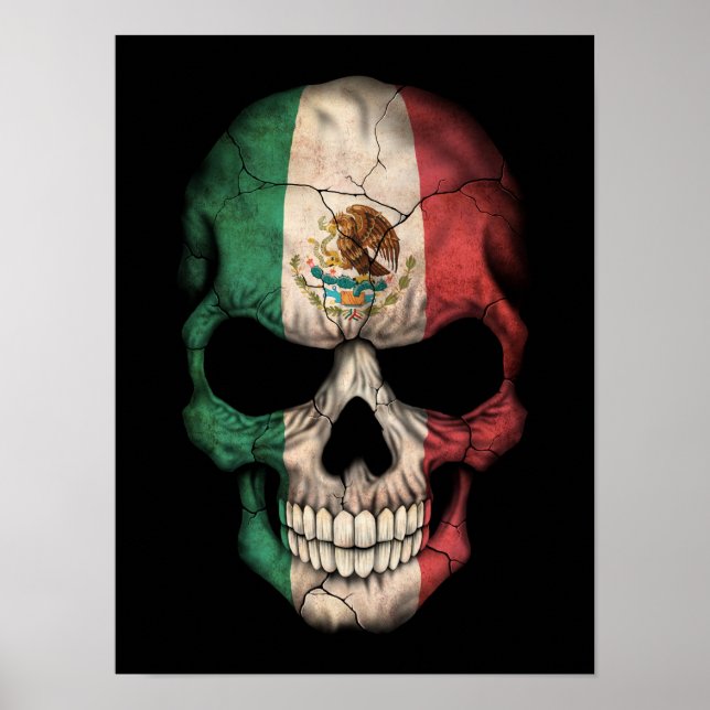 Mexikanischer Flaggenschädel auf schwarz Poster (Vorne)