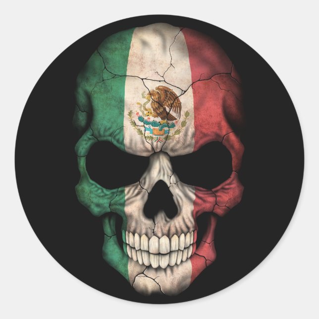 Mexikanischer Flaggenschädel auf schwarz Runder Aufkleber (Vorderseite)