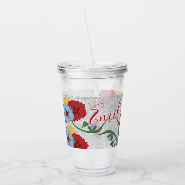 Mexikanischer Florals Grüner Sparkle Mit Monogramm Acryltrinkbecher (Links)
