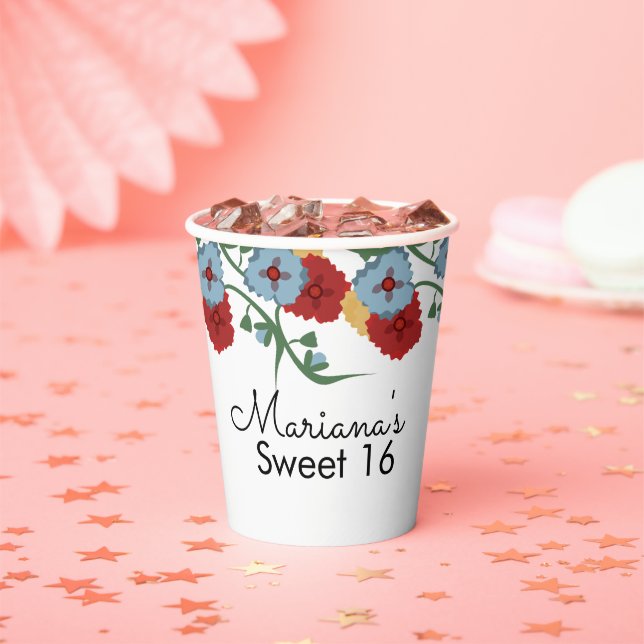 Mexikanischer Folk Florals Greenery Sweet 16 Quinc Pappbecher (Insitu)