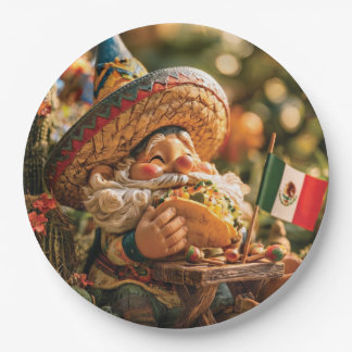 Mexikanischer Gnom mit Sombrero beim Taco-Essen Pappteller