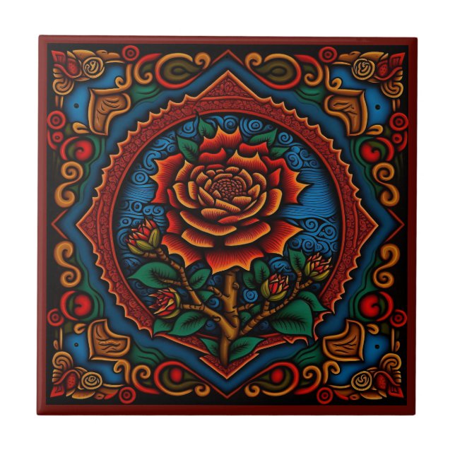 mexikanischer Huichol-Art Rose Keramik Fliesen (Vorderseite)