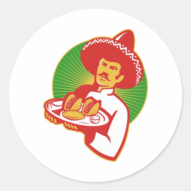 mexikanischer Koch mit Tako Burrito Empanada Retro Runder Aufkleber (Vorderseite)