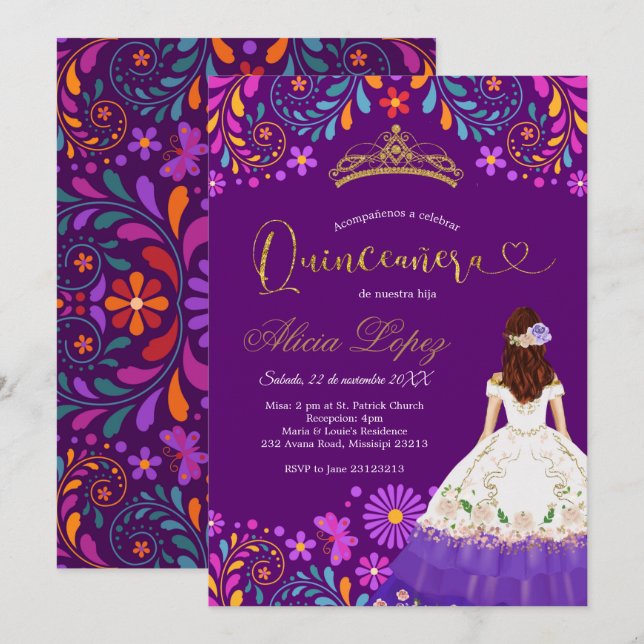 Mexikanischer Lila Mis Quince Einladung (Vorne/Hinten)