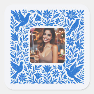 mexikanischer Otomí-Blumenrand mit Foto Quadratischer Aufkleber
