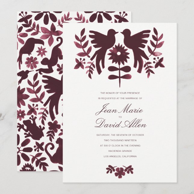 Mexikanischer Otomi-Hochzeitsempfang - Burgund Einladung (Vorne/Hinten)