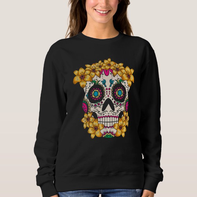 mexikanischer Schädel mit Blume für den Totentag Sweatshirt (Vorderseite)