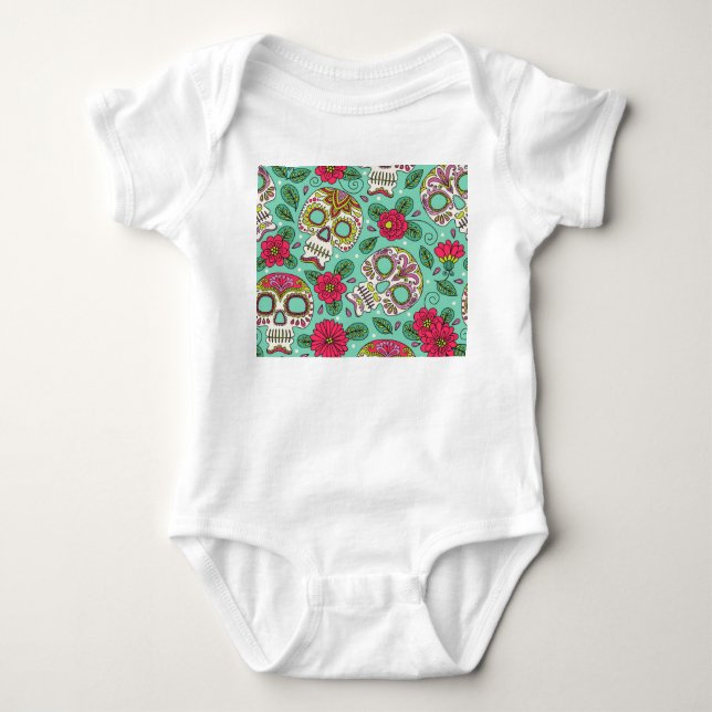 mexikanischer Schädel und Blume, nahtlos. Baby Strampler (Vorderseite)