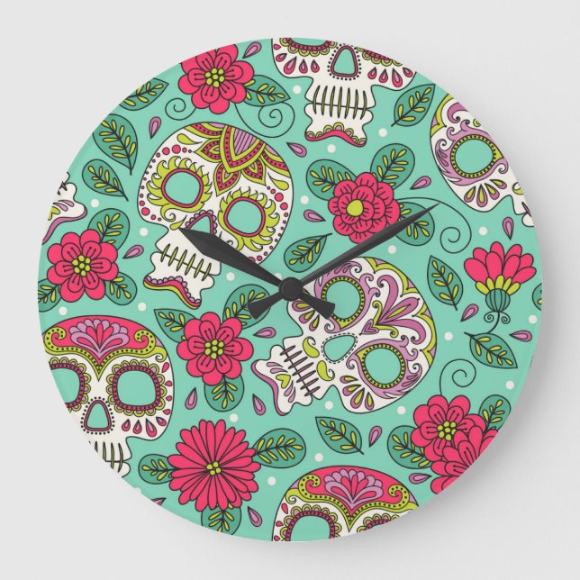 mexikanischer Schädel und Blume, nahtlos. Große Wanduhr (Vorderseite)