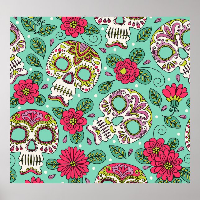 mexikanischer Schädel und Blume, nahtlos. Poster (Vorne)