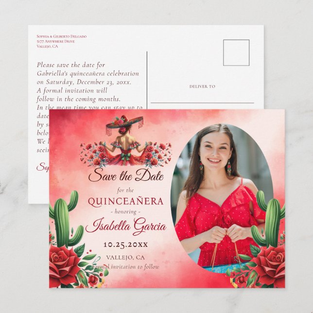 Mexikanischer Stil Quinceñera Save the Date Postkarte (Vorne/Hinten)