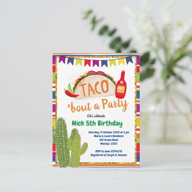 Mexikanischer Taco Bout ein Party Einladung Geburt Postkarte (Stehend Vorderseite)