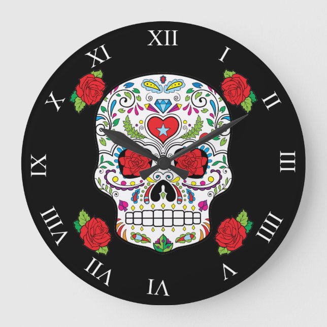 Mexikanischer Tätowierungs-Zuckerschädel und -ROTE Große Wanduhr (Vorderseite)
