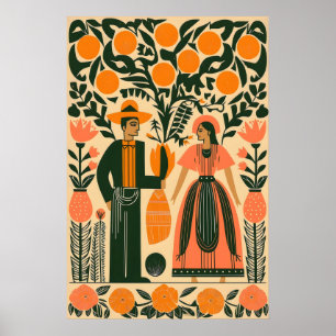 Mexikanischer Volksdruck - Paar unter Orangenbaum Poster