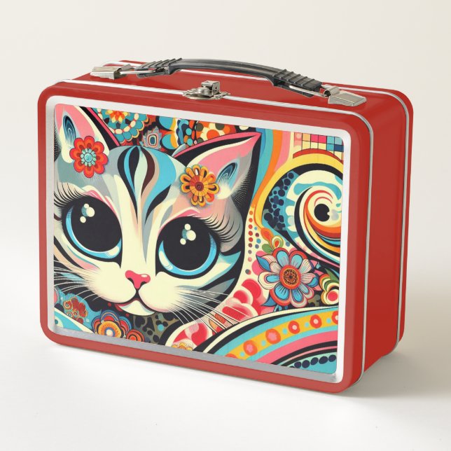 Mexikanischer Volkskunst Abstrakt Kitty Cat Talave Metall Brotdose (Vorderseite)