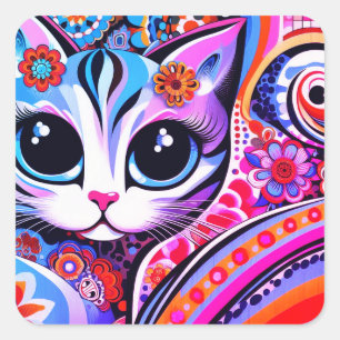 Mexikanischer Volkskunst Abstrakt Kitty Cat Talave Quadratischer Aufkleber