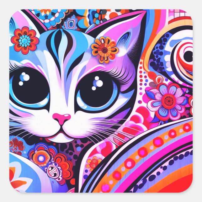 Mexikanischer Volkskunst Abstrakt Kitty Cat Talave Quadratischer Aufkleber (Vorderseite)