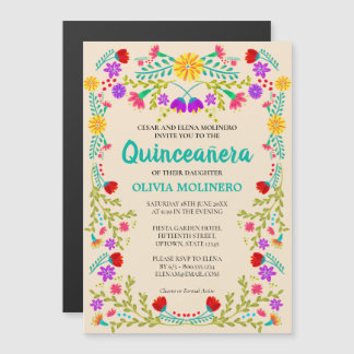 Mexikanischer Volkskunst-Champagner Quinceanera Magneteinladung