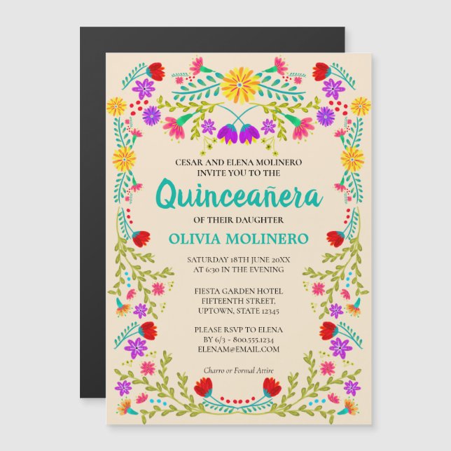 Mexikanischer Volkskunst-Champagner Quinceanera Magneteinladung (Vorne/Hinten)