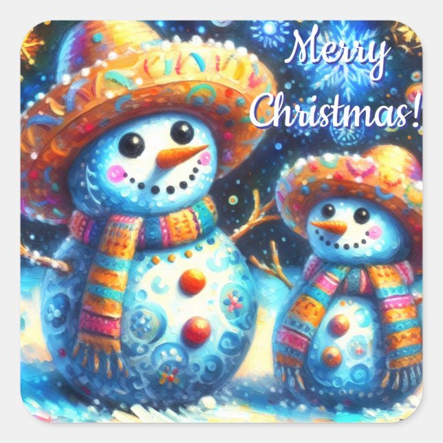 Mexikanischer Volkskunst Snowmen Schneemänner Schn Quadratischer Aufkleber (Vorderseite)