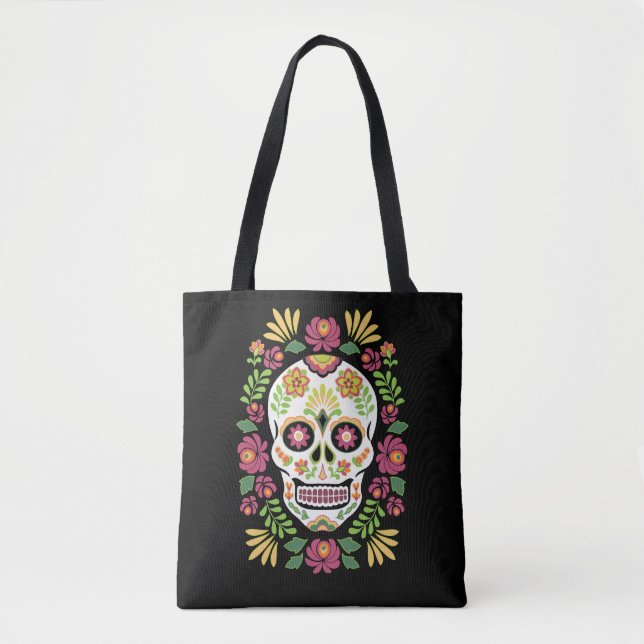 Mexikanischer Volkszuckerschädel und Rose Tasche (Vorderseite)