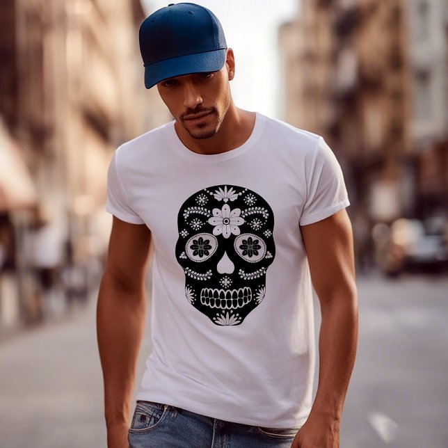 Mexikanischer Zuckerschädel 2 Schwarz-Weiß-Männche T-Shirt (Von Creator hochgeladen)