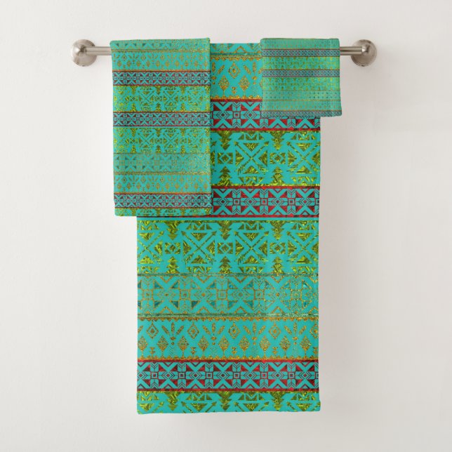 Mexikanisches Artmuster - aquamarin, Gold und Badhandtuch Set (Insitu)