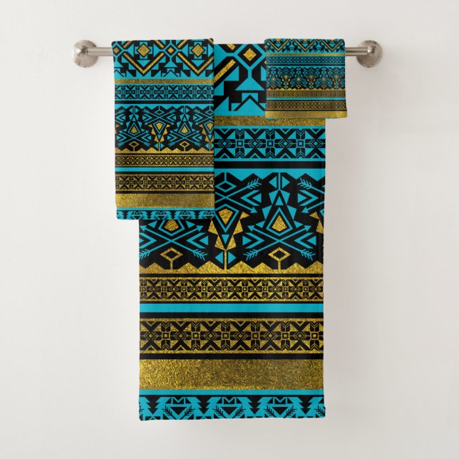 Mexikanisches Artmuster - Schwarzes, aquamarines Badhandtuch Set (Insitu)