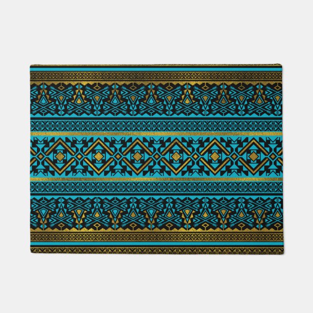 Mexikanisches Artmuster - Schwarzes, aquamarines Fußmatte (Vorderseite)