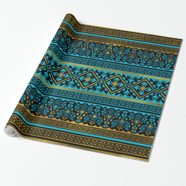 Mexikanisches Artmuster - Schwarzes, aquamarines Geschenkpapier (Ungerollt)