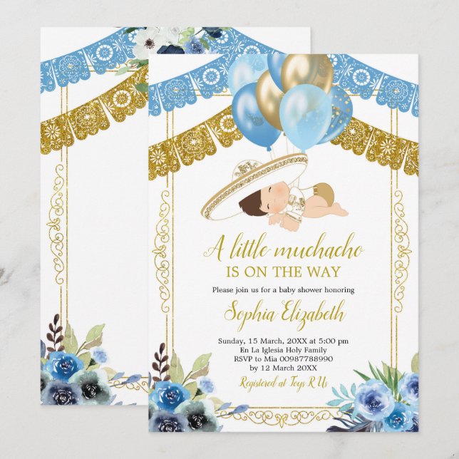 Mexikanisches Blau und Gold Charro Little Muchacho Einladung (Vorne/Hinten)