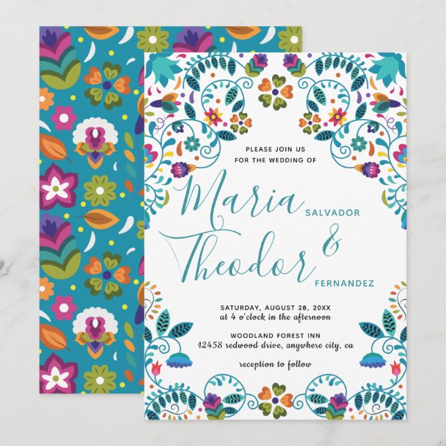 mexikanisches Blumenmuster Luxus Hochzeit Einladung (Vorne/Hinten)