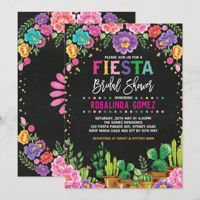 Mexikanisches Brautparty Fiesta Blume einladen Einladung (Vorne/Hinten)