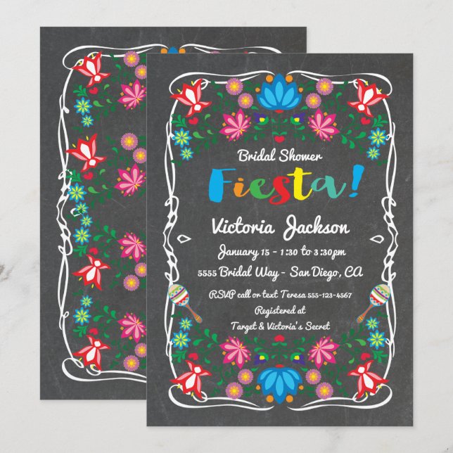 Mexikanisches Fiesta Brautparty Blume Chalkboard Einladung (Vorne/Hinten)