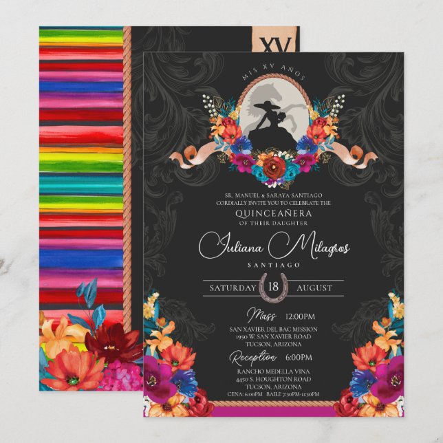 Mexikanisches Fiesta farbenfrohe Flora Charro Quin Einladung (Vorne/Hinten)