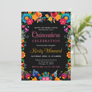 Mexikanisches Fiesta-Flora-Schwarzes Quinceanera Einladung